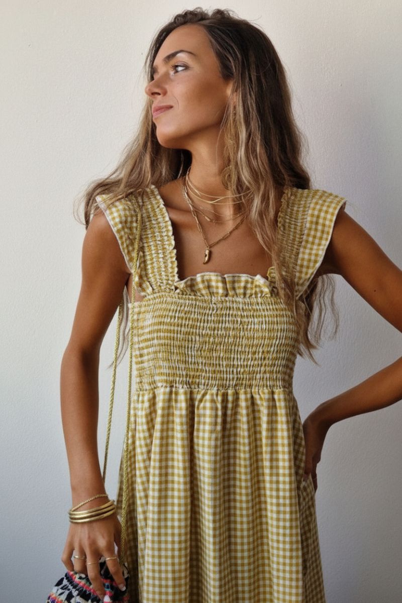 Vestido cuadro vichy nido de abeja mostaza