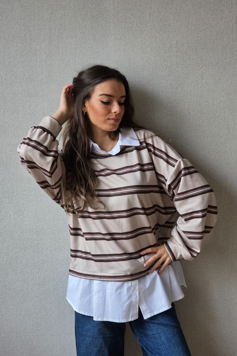 Jersey de Rayas Beige y Marrón con Cuello Camisa