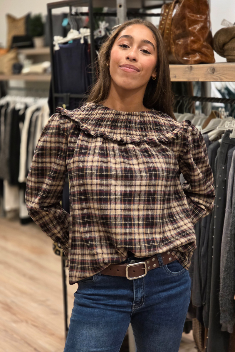 Blusa cuello redondo fruncido de cuadros negra