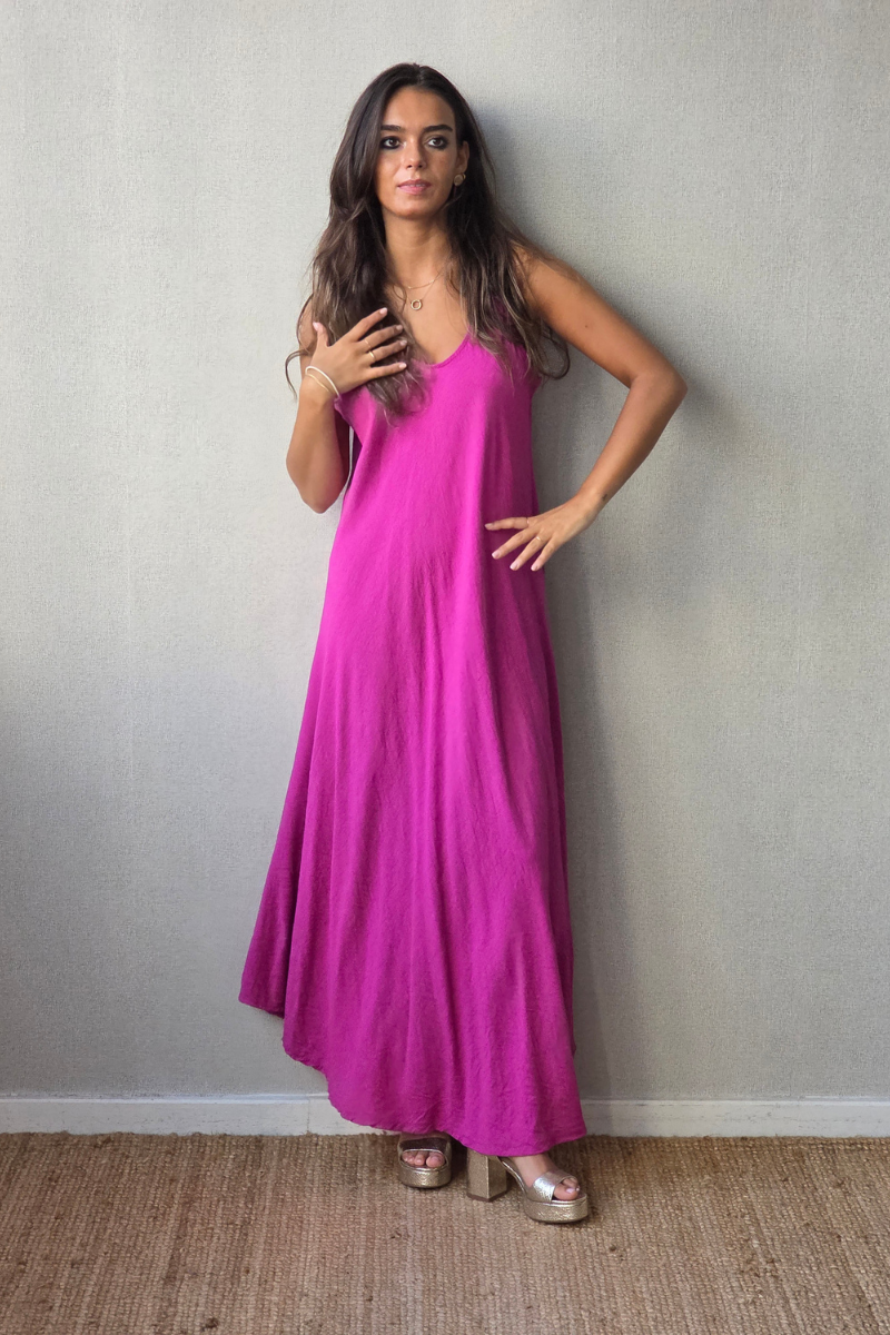 Vestido largo de asas al bies magenta