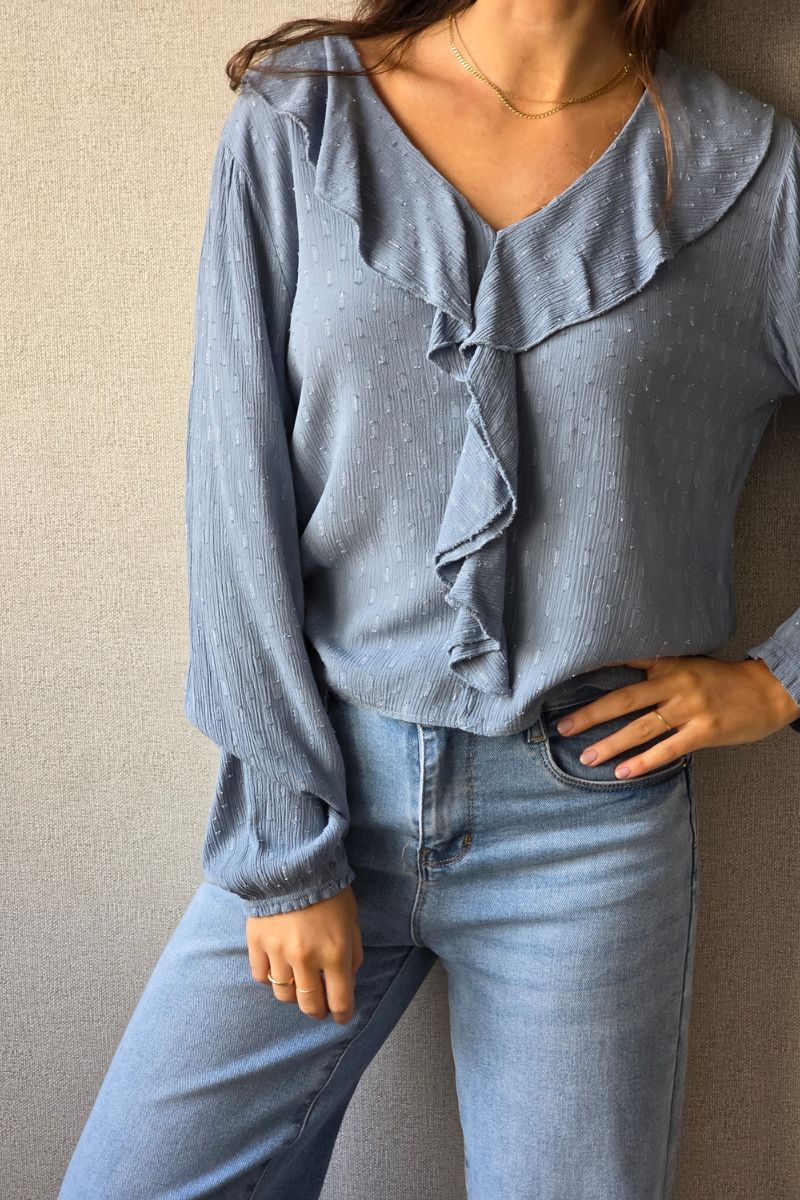 Blusa Azul con Volante y Brillo