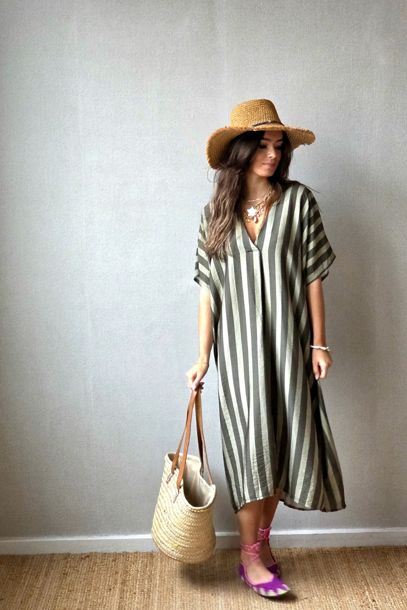 Vestido rayas tipo kurta caqui