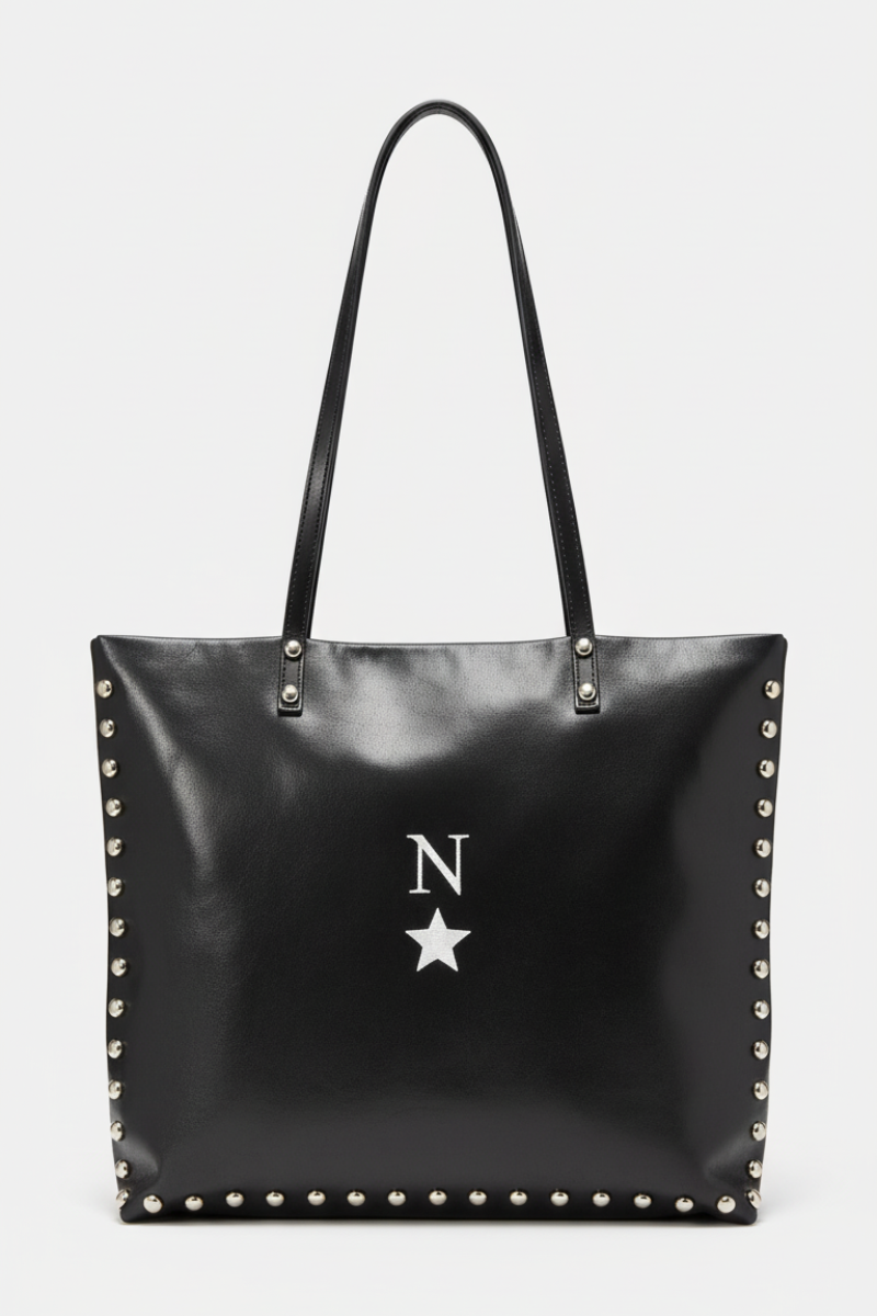 Bolso piel cuadrado shopper tachas negro