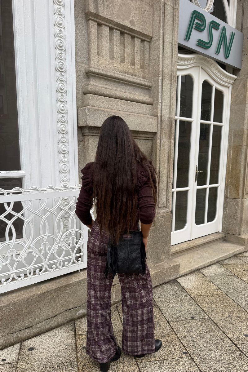 Pantalón palazzo cuadro berenjena