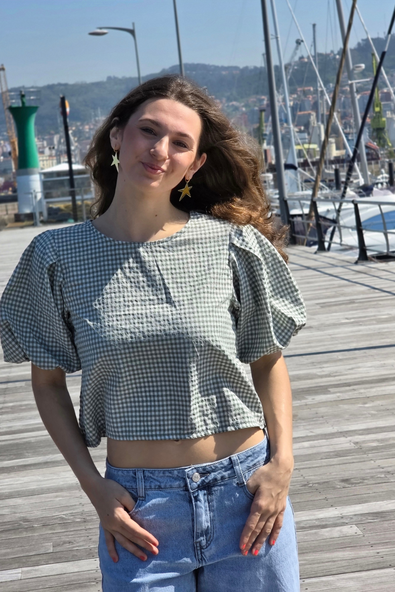 Blusa Manga Globo Cuadro Vichy Salvia