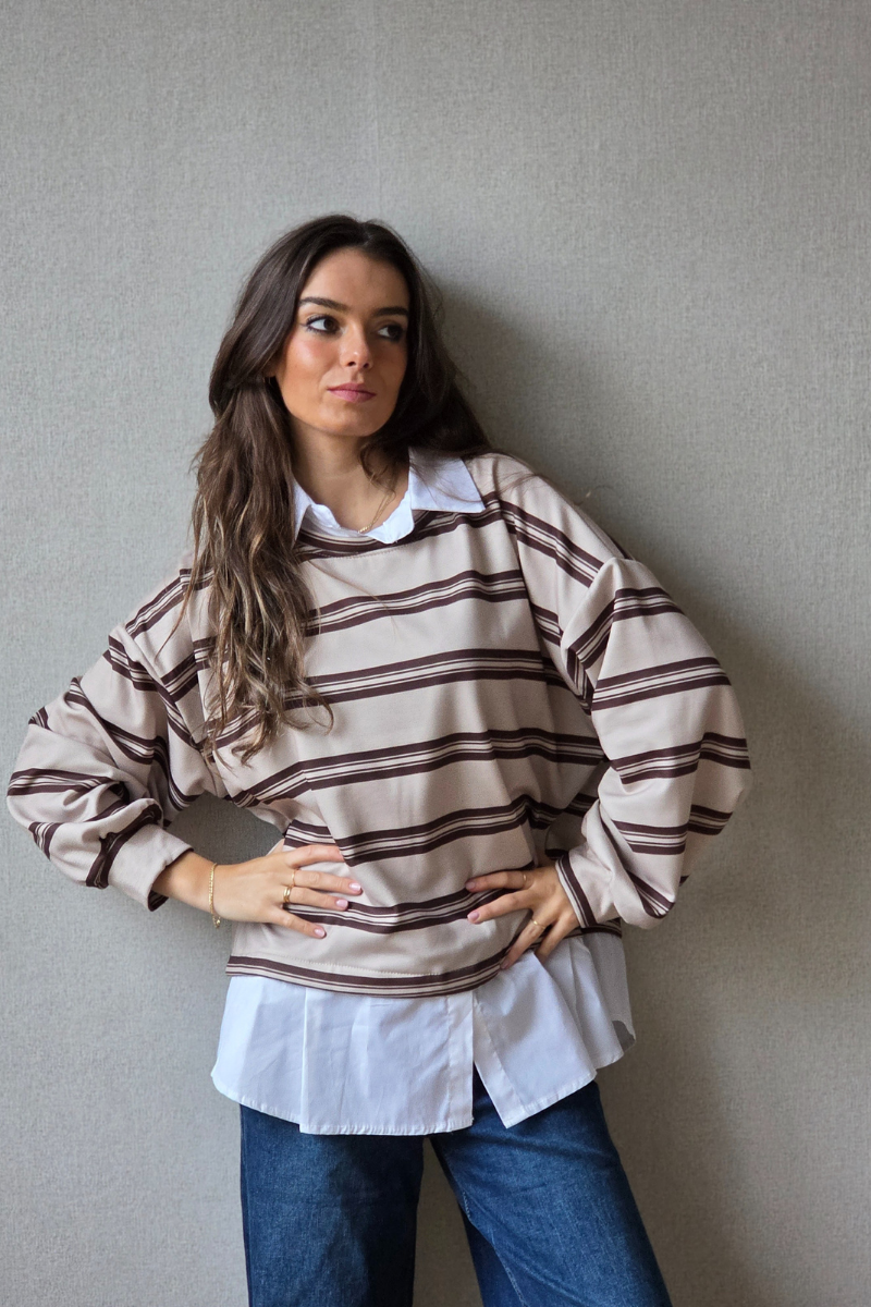 Jersey de Rayas Beige y Marrón con Cuello Camisa