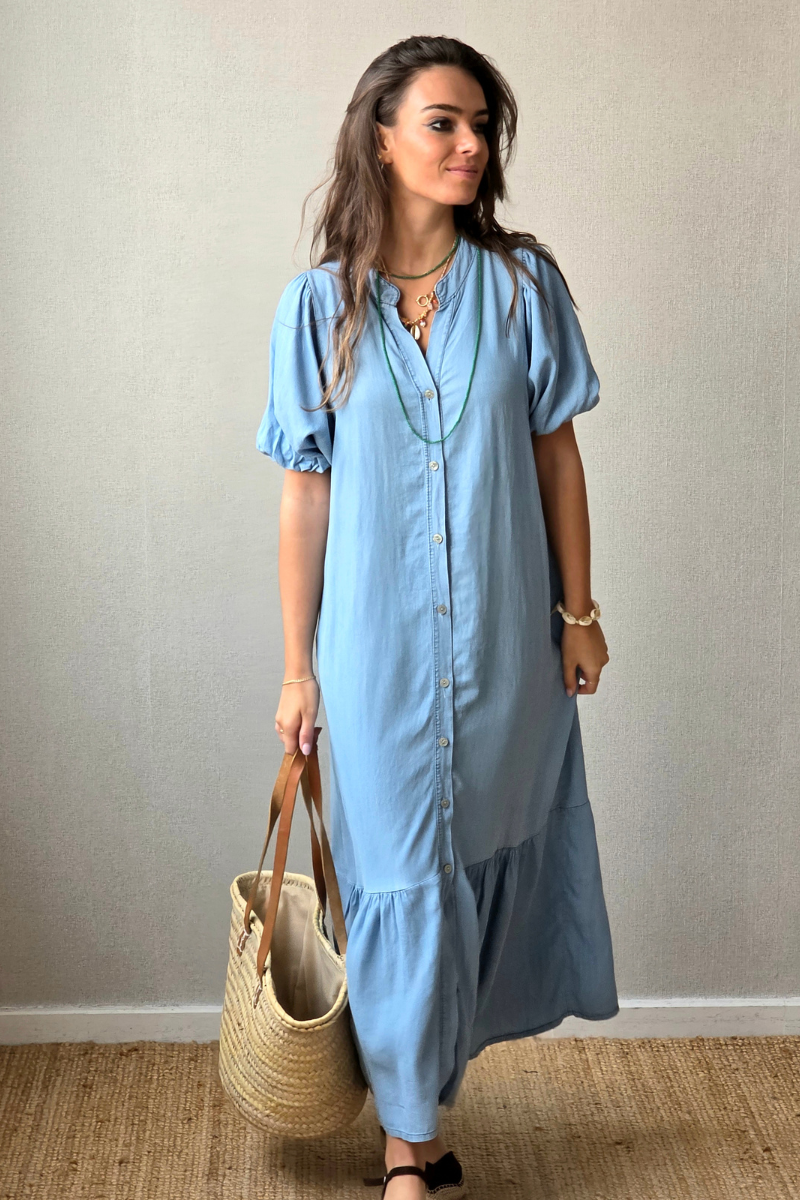 Vestido Manga Globo Azul Jeans Claro