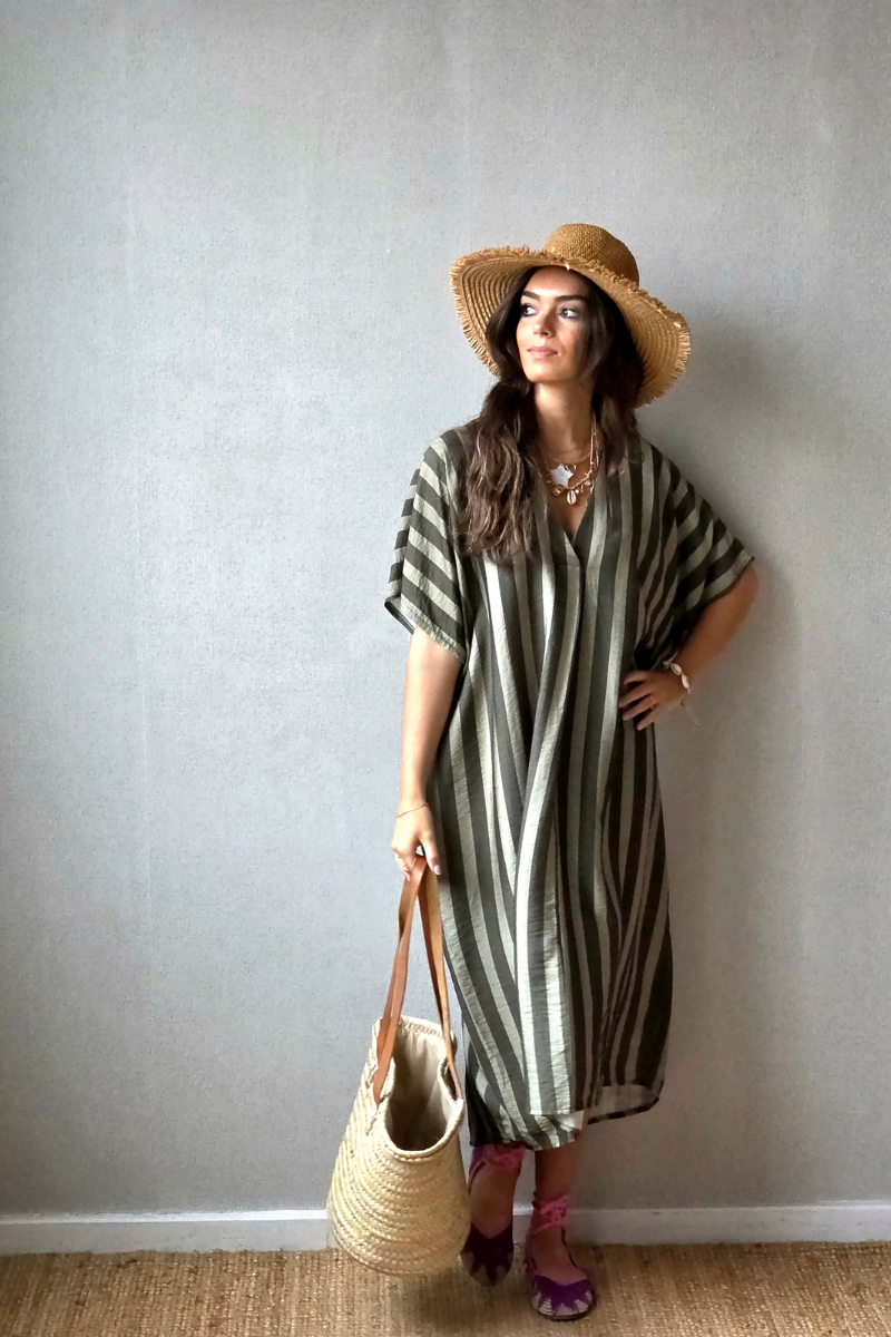 Vestido rayas tipo kurta caqui