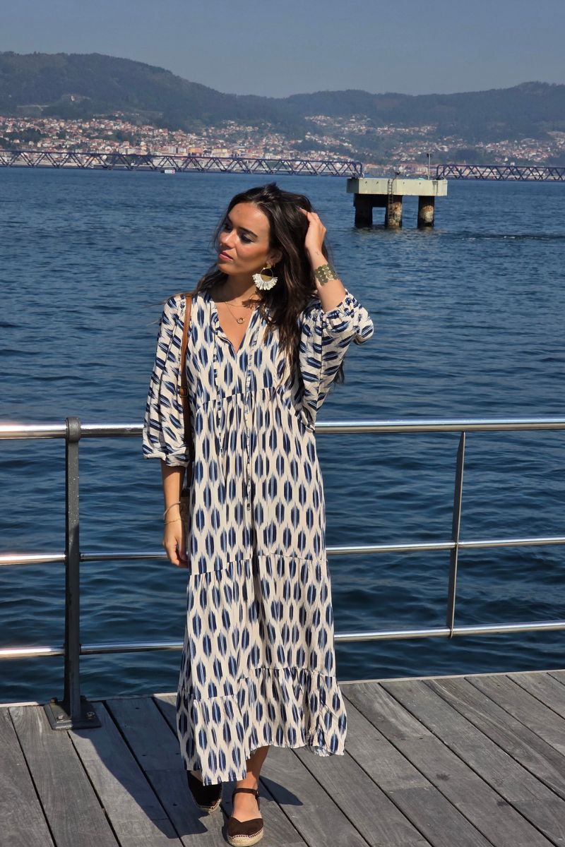 Vestido Mangas Abullonadas Estampado Azul marino