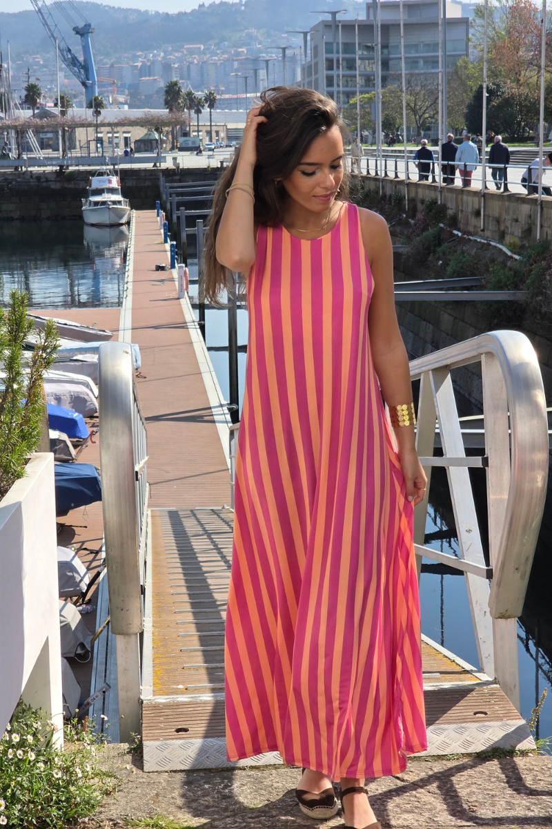 Vestido Elástico de Rayas Fucsia