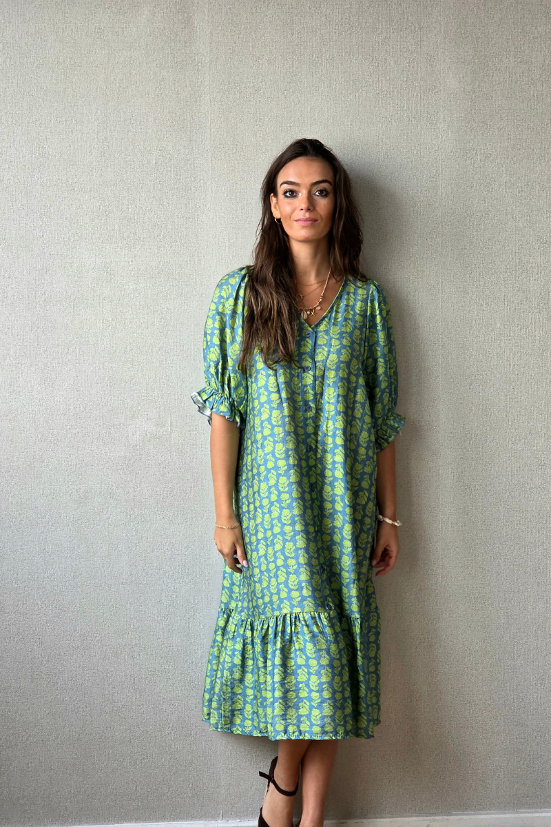 Vestido flores con botones verde