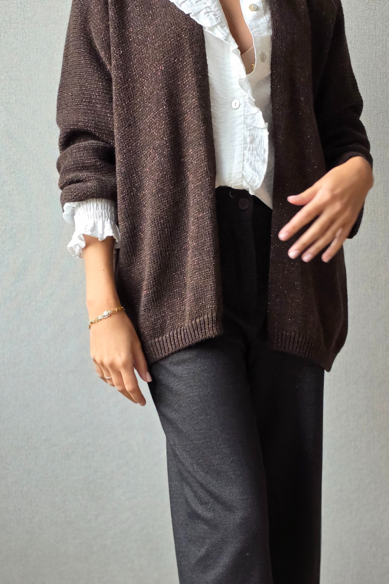 Chaqueta de punto tipo kimono brillos marrón chocolate