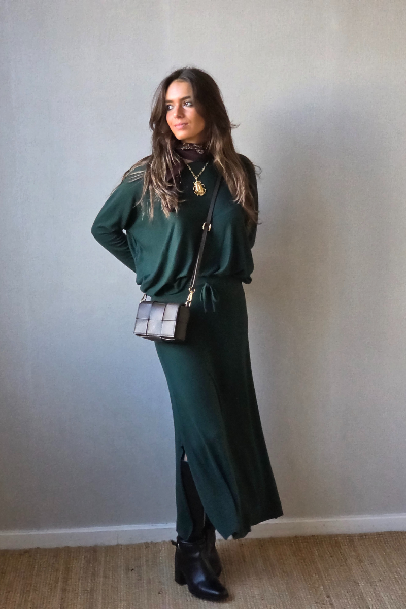 Falda larga de punto verde botella