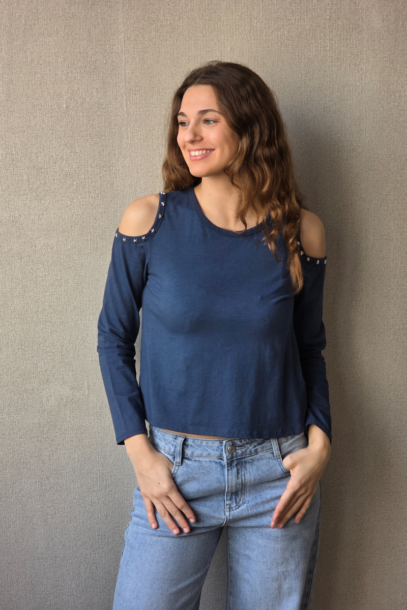 Camiseta Sin Hombros con Estrellas - Azul Marino