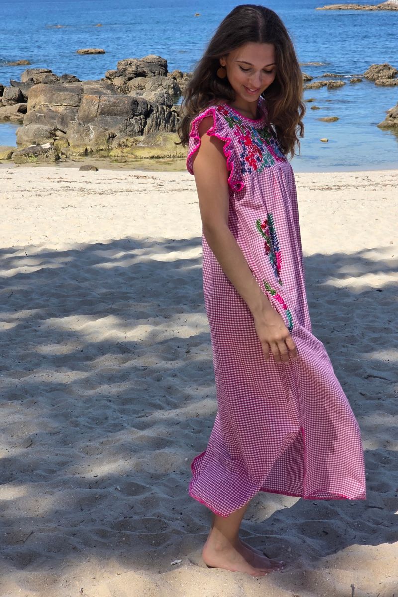 Vestido mexicano cuadro vichy fucsia