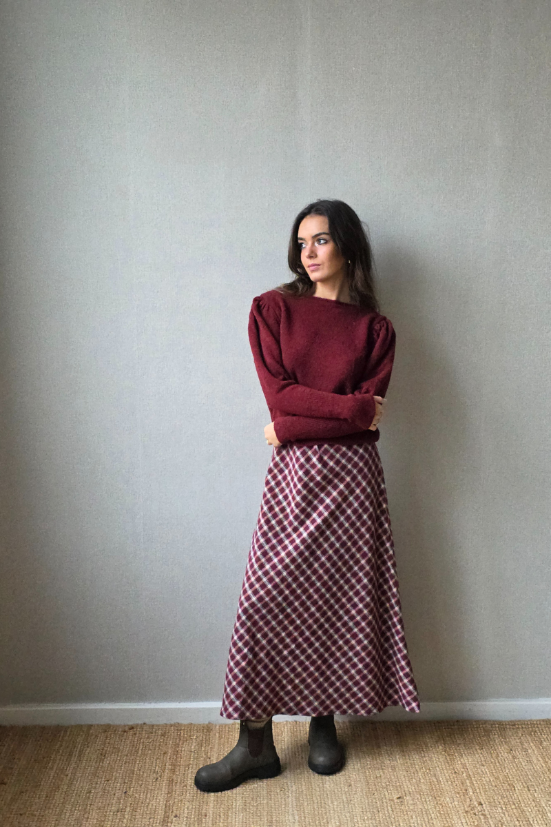 Falda larga Inverness de cuadros granate