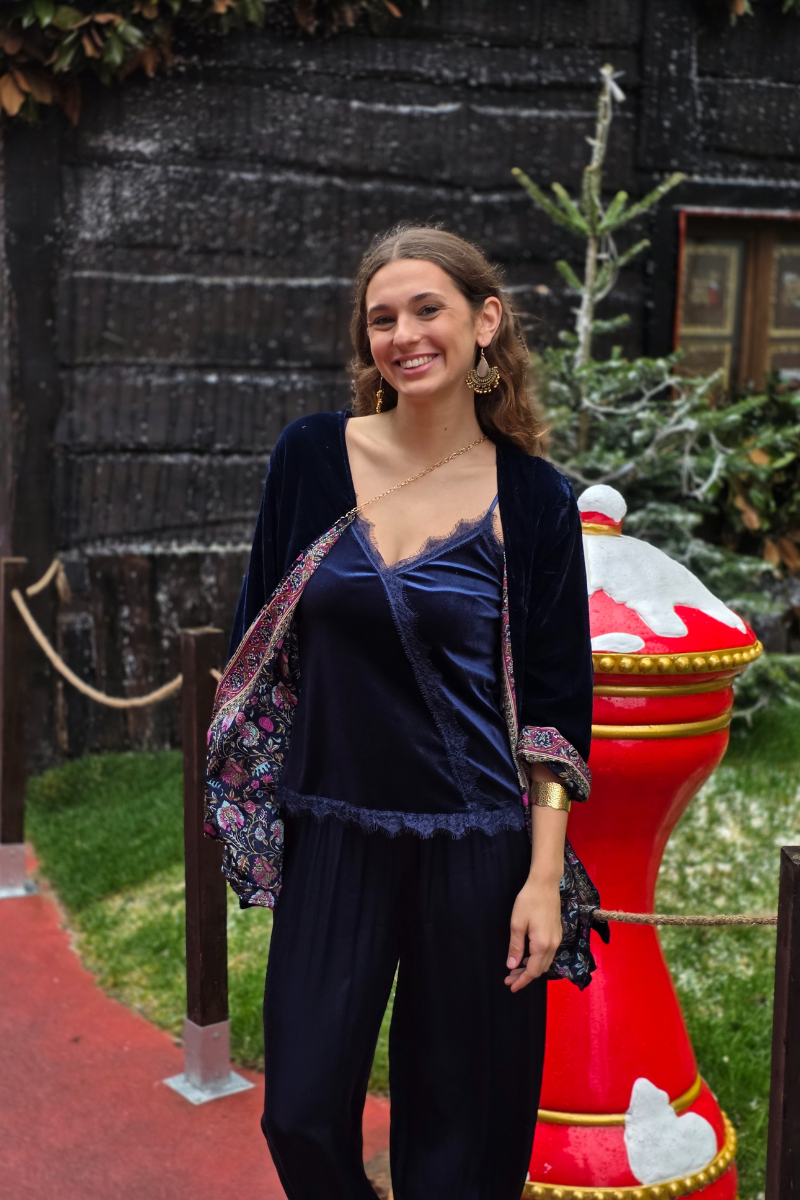 Kimono de terciopelo reversible azul marino