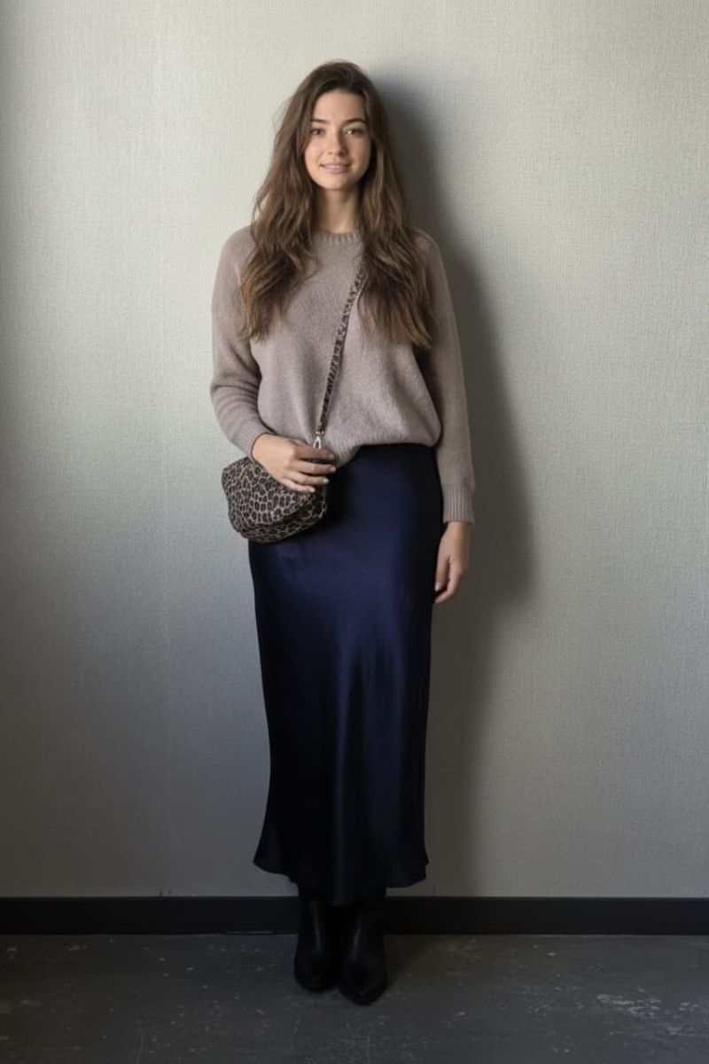 Falda satinada arrugada azul marino