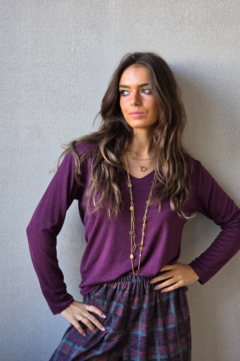 Jersey punto fino cuello pico berenjena