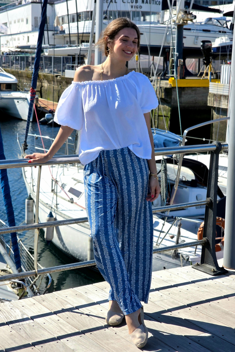 Pantalón Estampado Hojas Azul Jeans