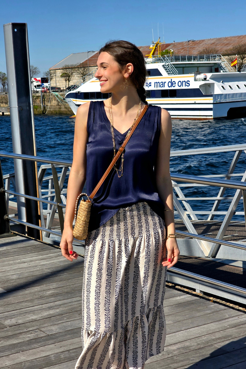 Falda Larga Estampado de Hojas Azul Marino