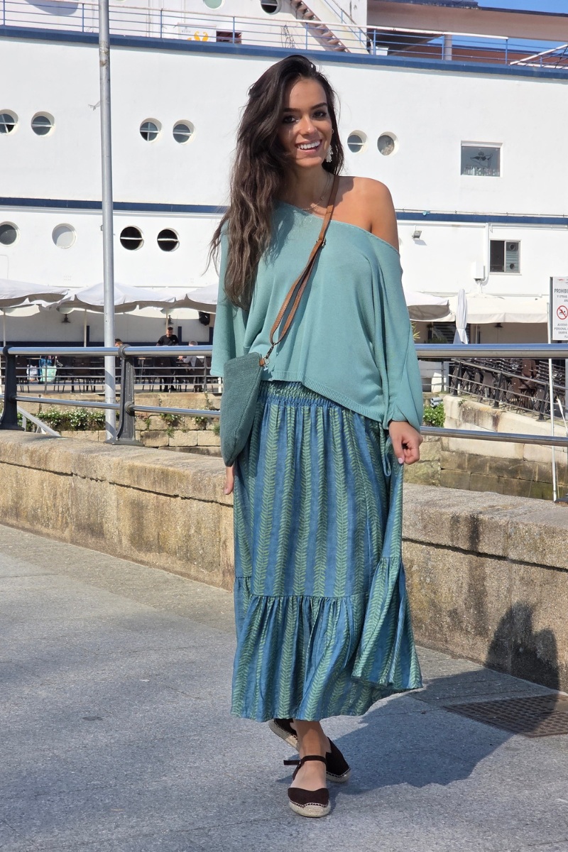 Falda Larga Estampado de Hojas Verde