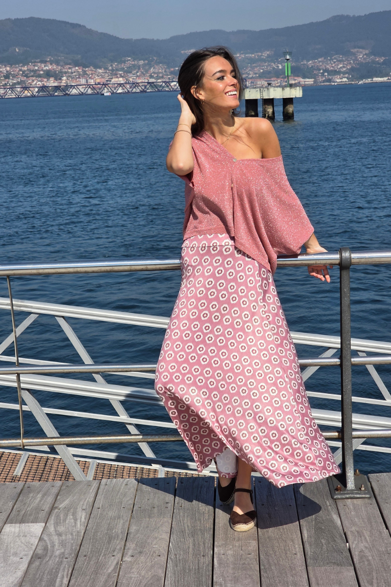 Falda Larga Estampado Célula Rosa