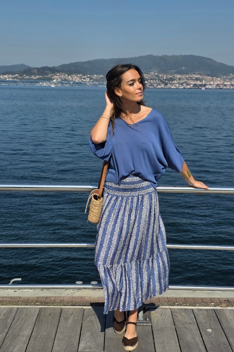 Falda Larga Estampado de Hojas Azul Jeans