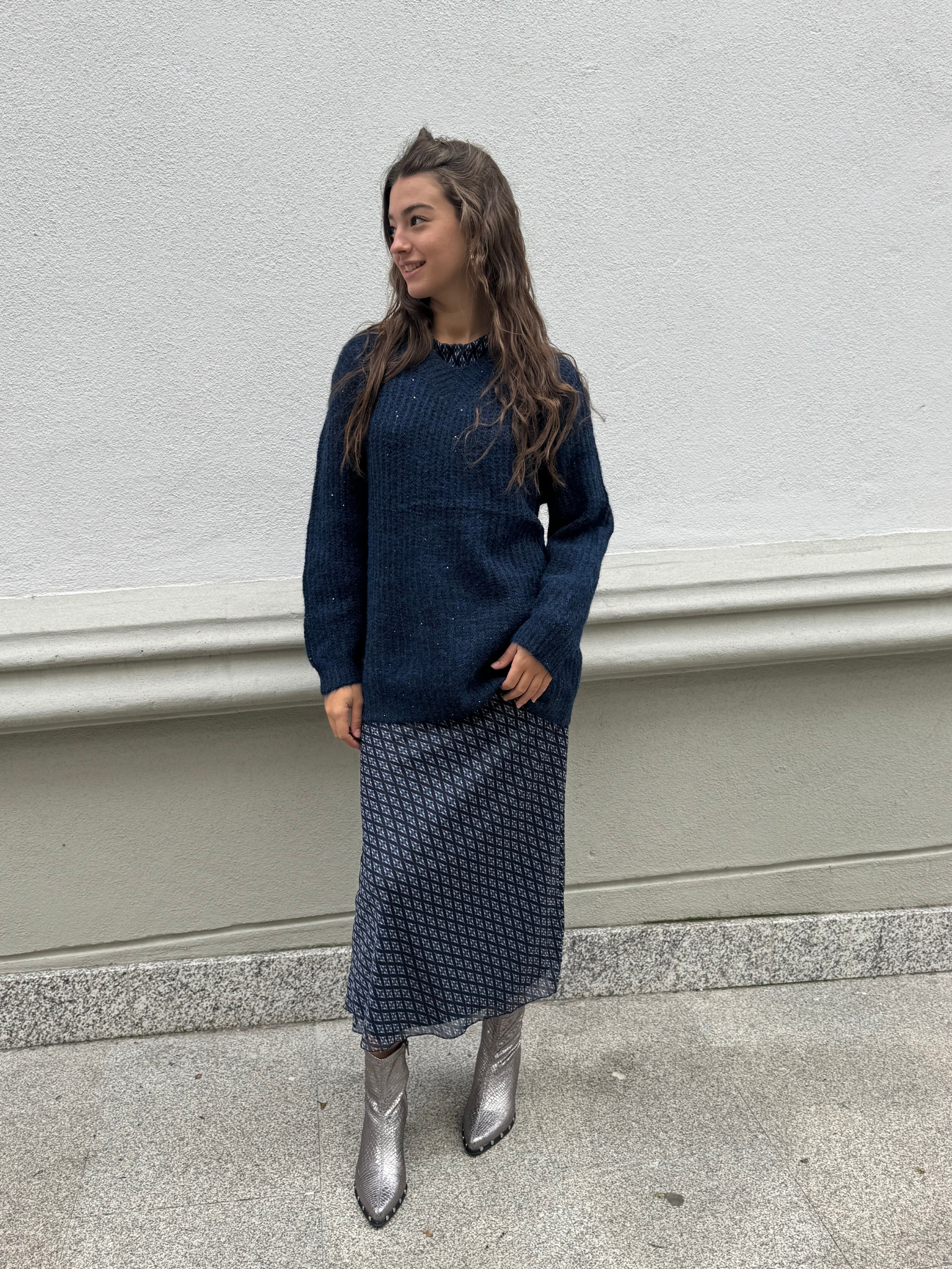 Falda larga estampada rombos azul marino