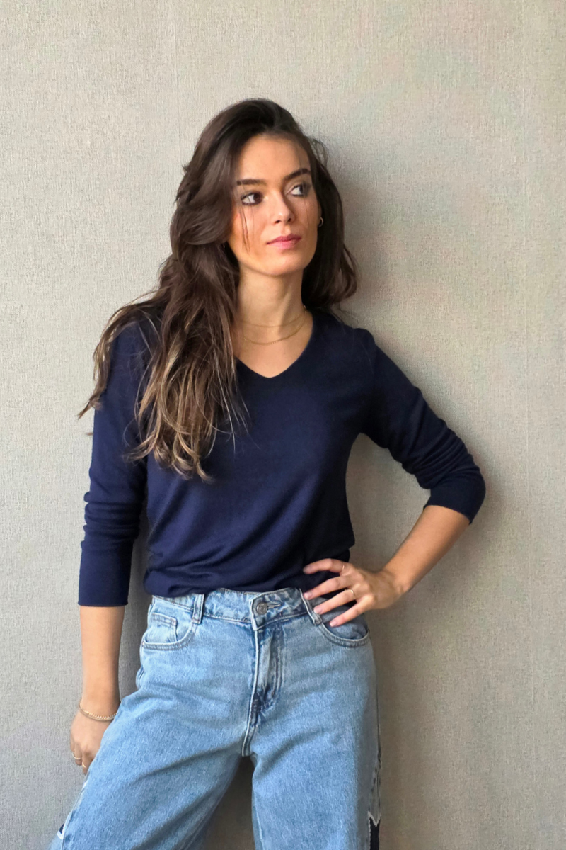 Jersey Fino de Cuello Pico - Azul Jean