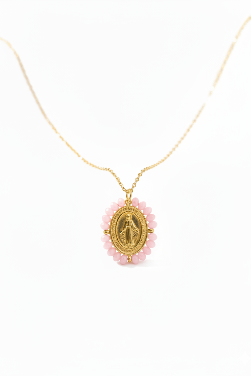 Gargantilla mini de acero con medallita de la Milagrosa y piedras rosa