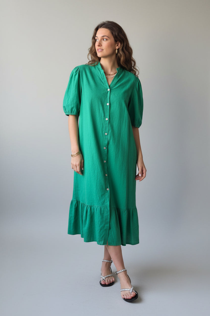 Vestido botones tipo lino verde