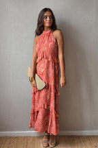 Vestido gasa cuello halter naranja