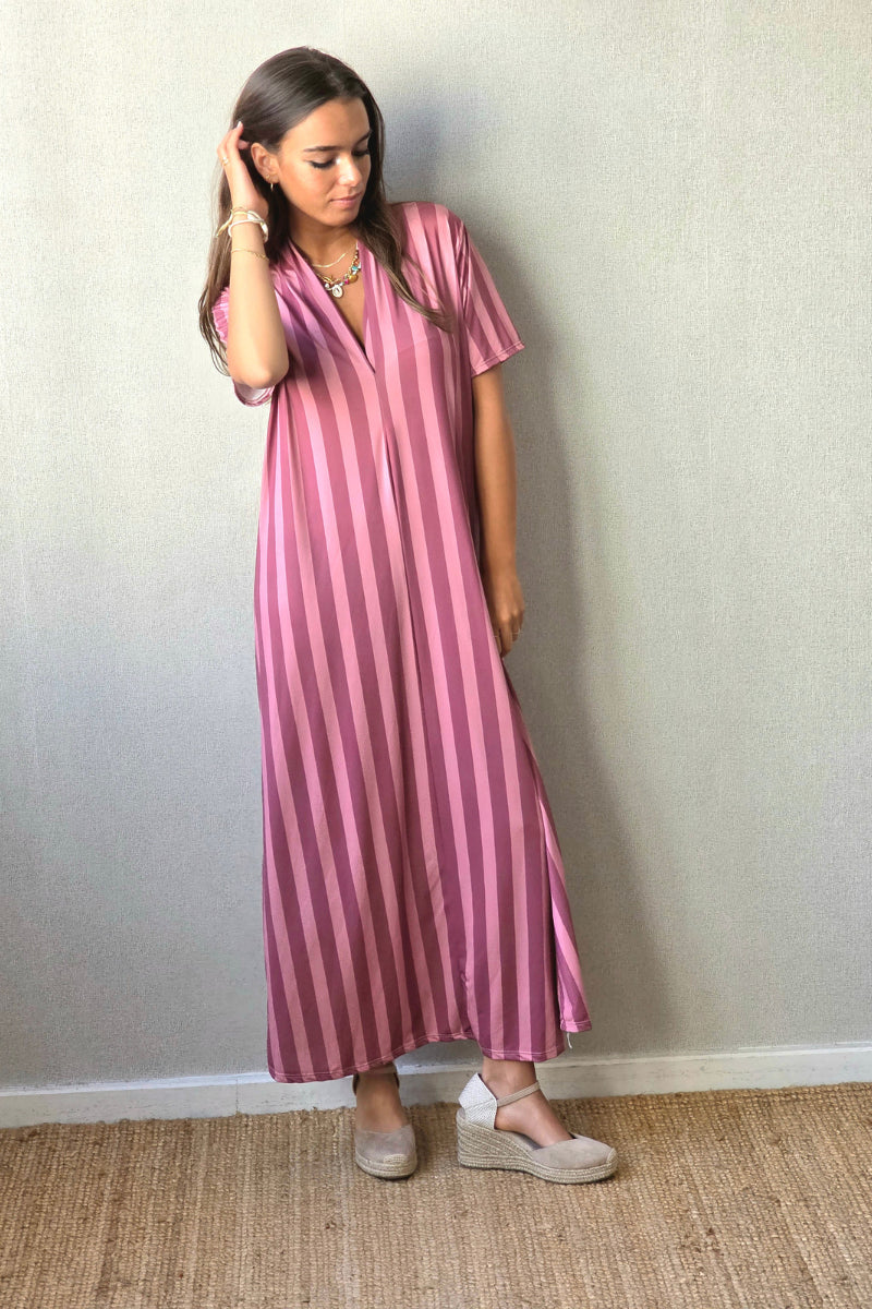 Vestido rayas manga corta no se arruga rosa cebolla