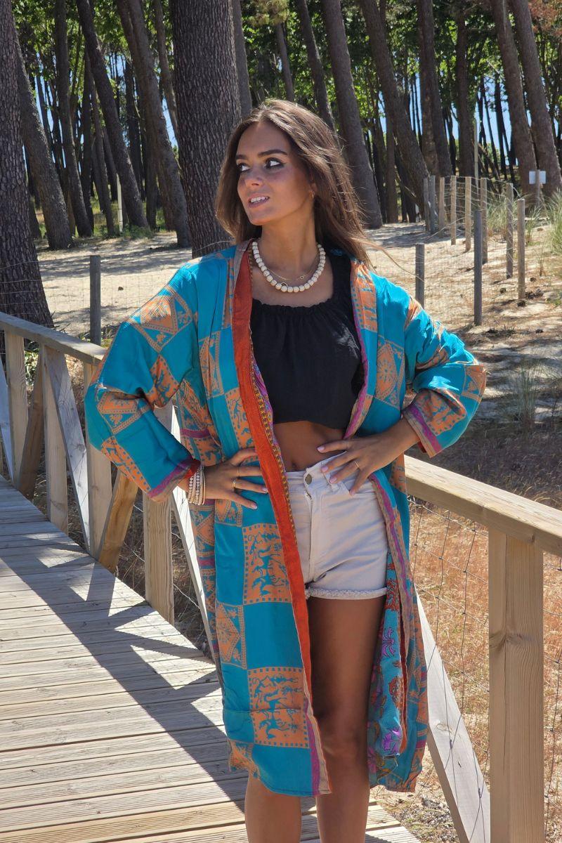Kimono indio reversible en tonos turquesa