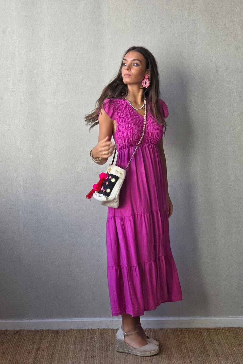 Vestido nido de abeja con volantes magenta