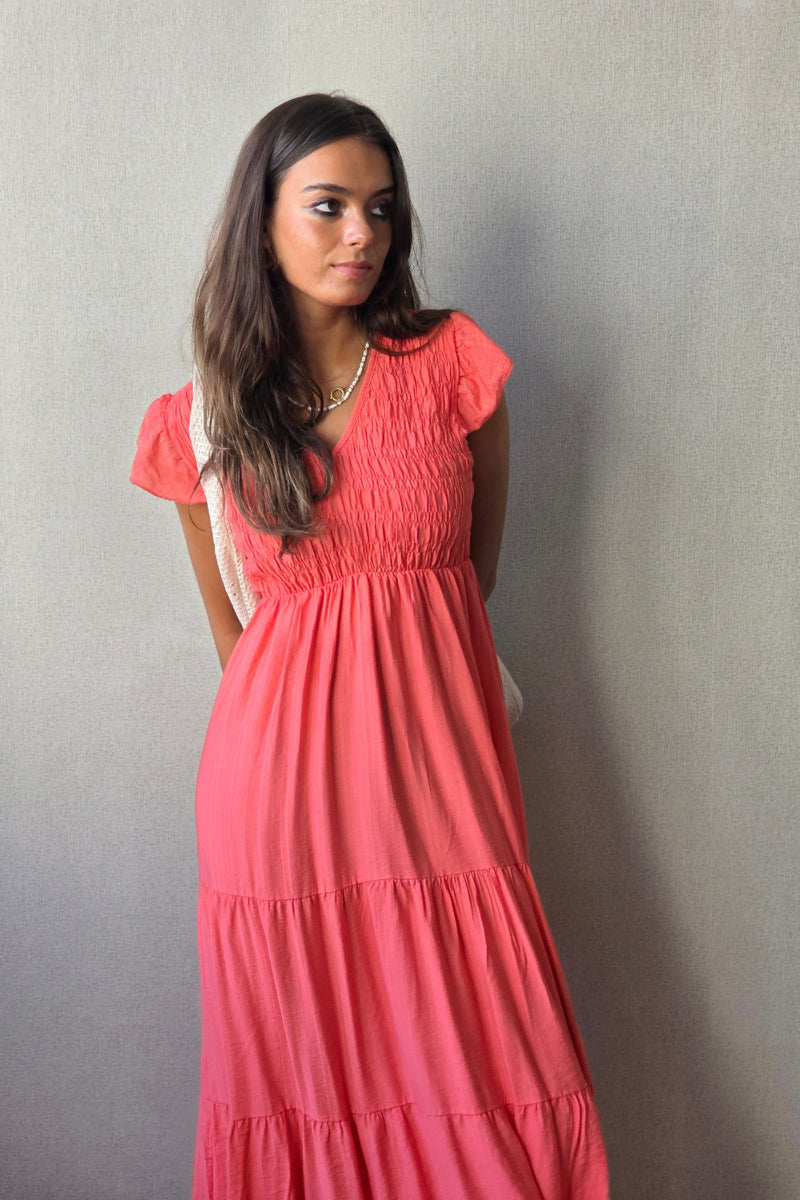 Vestido nido de abeja volantes salmón