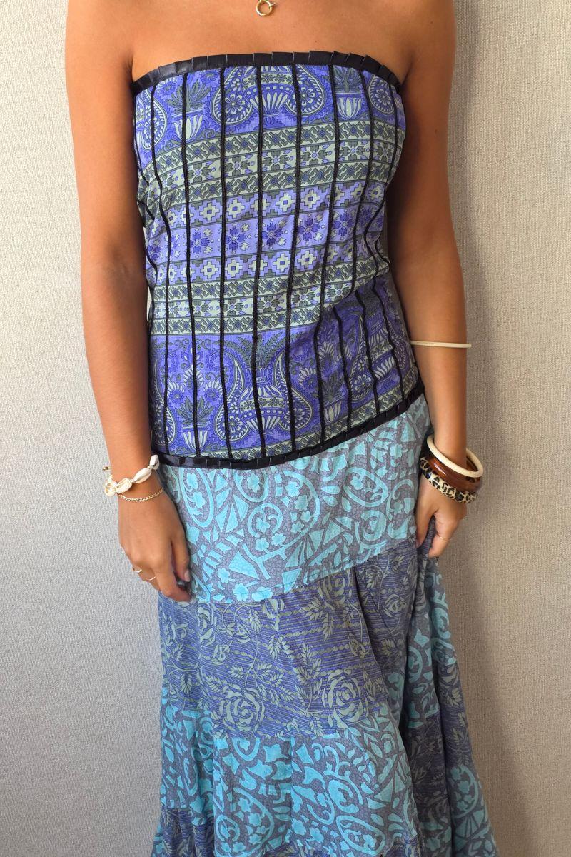Vestido palabra de honor indio turquesa