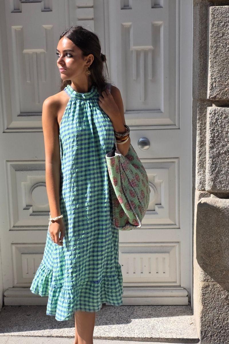 Vestido cuello halter de cuadros verde