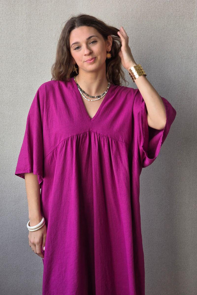 Vestido largo de lino y algodón magenta