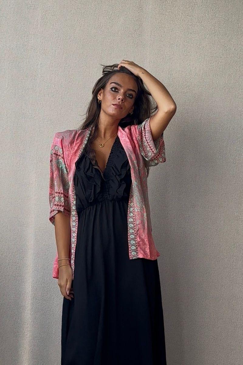 Kimono indio corto multicolor rosa flúor