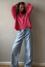 Sudadera oversize corta de Rayas fucsia