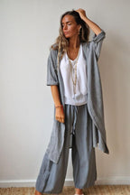 Kimono azul tipo lino con manga tres cuartos