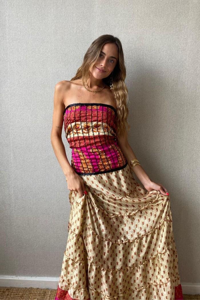 Vestido palabra de honor indio nido de abeja beige
