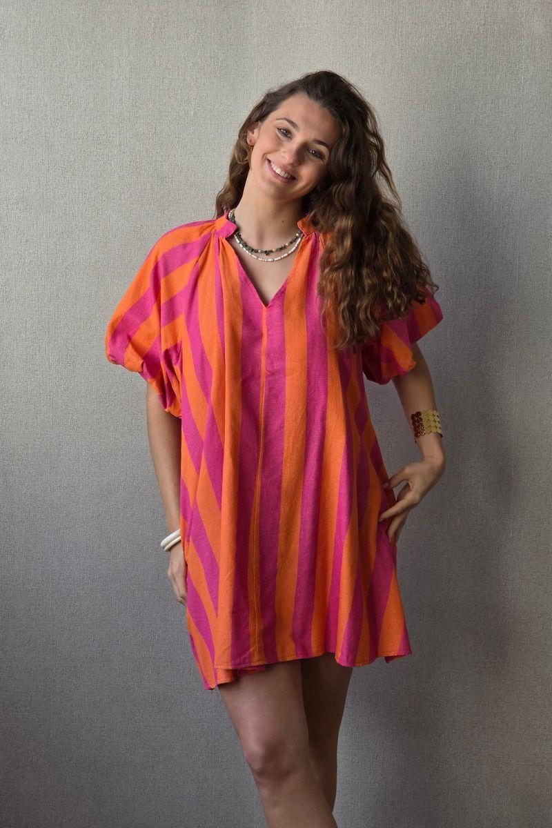 Vestido Manga Abullonada con Rayas Naranja