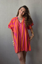 Vestido Manga Abullonada con Rayas Naranja