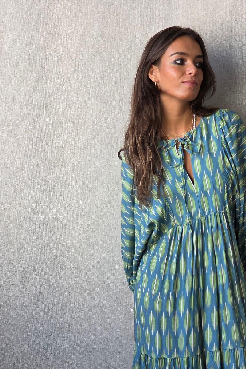 Vestido Mangas Abullonadas Estampado Azul