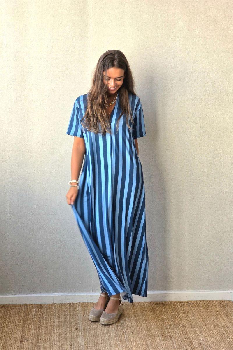 Vestido rayas manga corta no se arruga azul jean