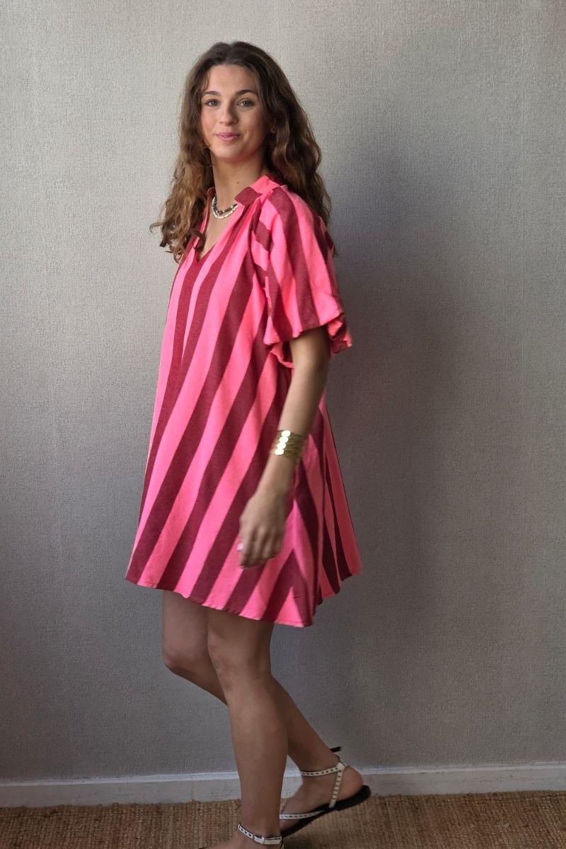 Vestido de mujer manga abullonada con rayas rosa