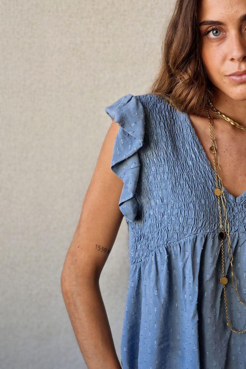 Blusa cuello pico con detalles lurex azul